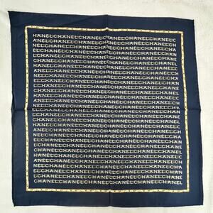 Chanel Paris Blue Yellow Logo Letter Chain 100% Silk Scarf 17-3/4" x 17-3/4”